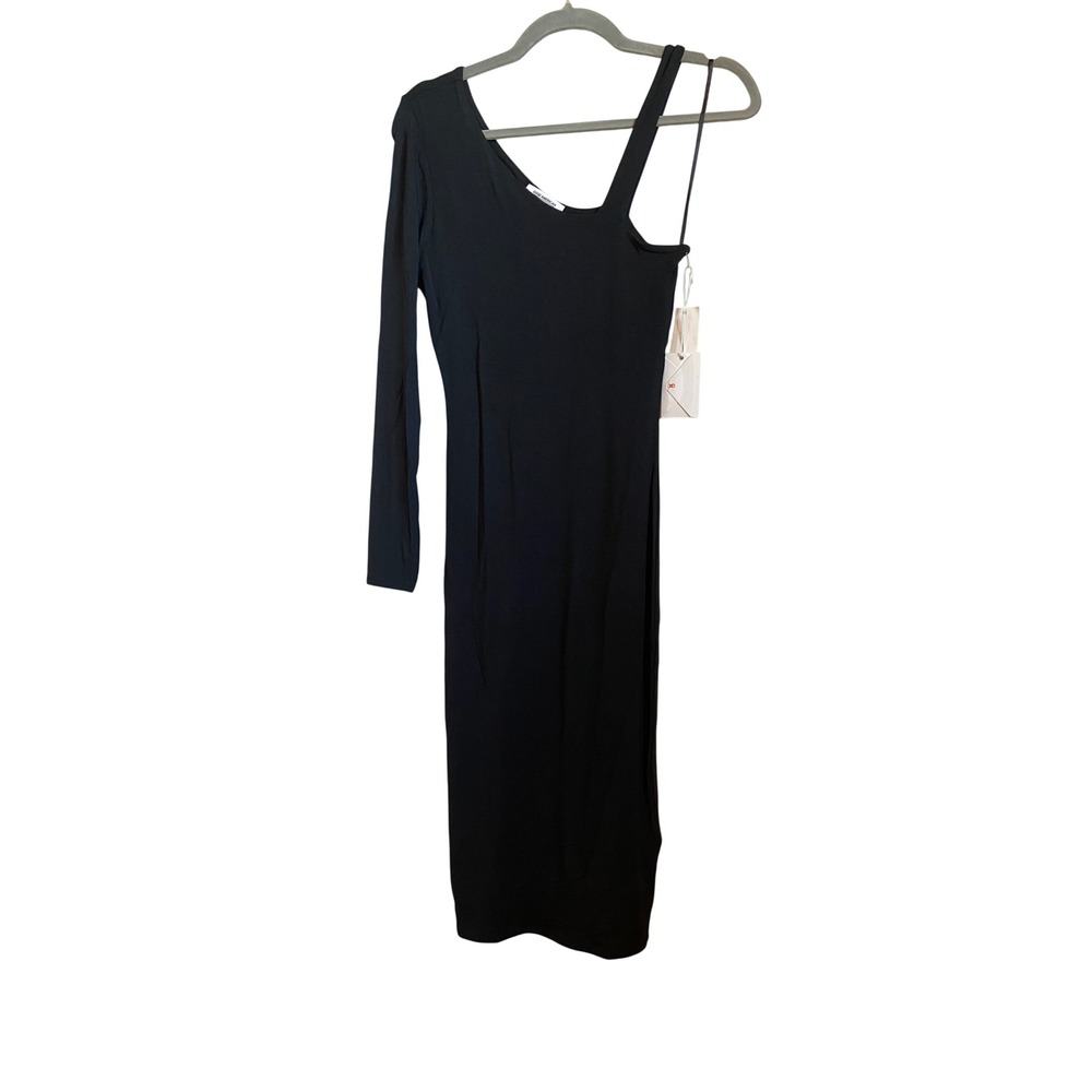 Good American Asym Long Sleeve Dress Black One Shoulder Midi Size 2 Medium NEW